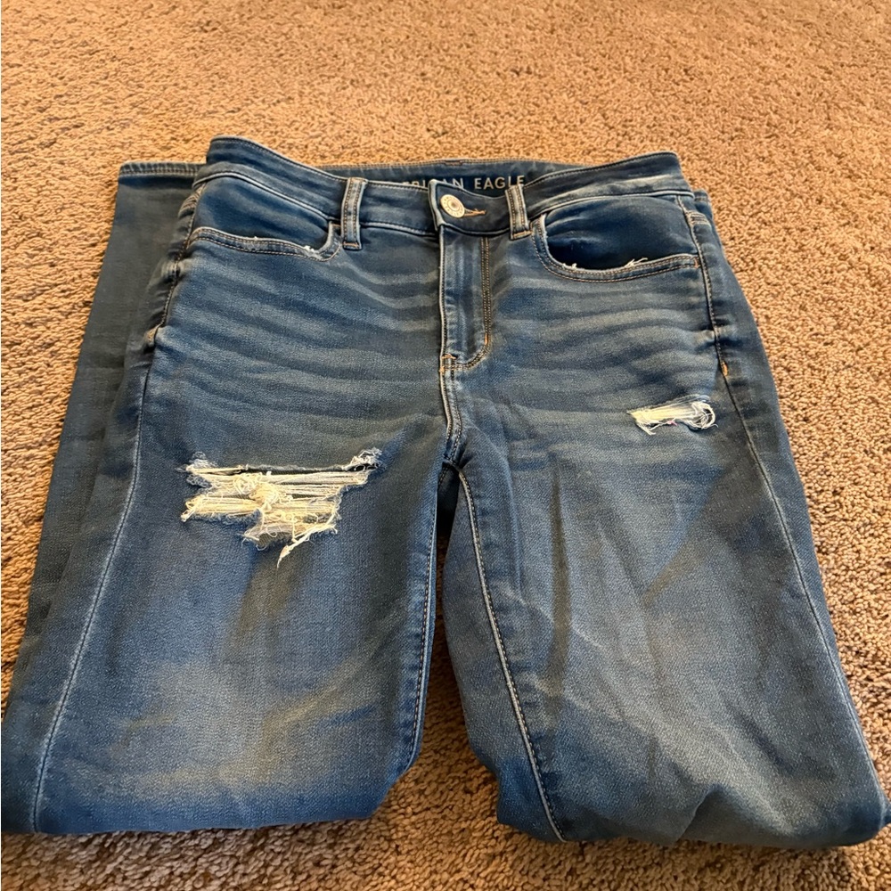 American Eagle Outfitters Blue Skinny Jeans with Distressed Details